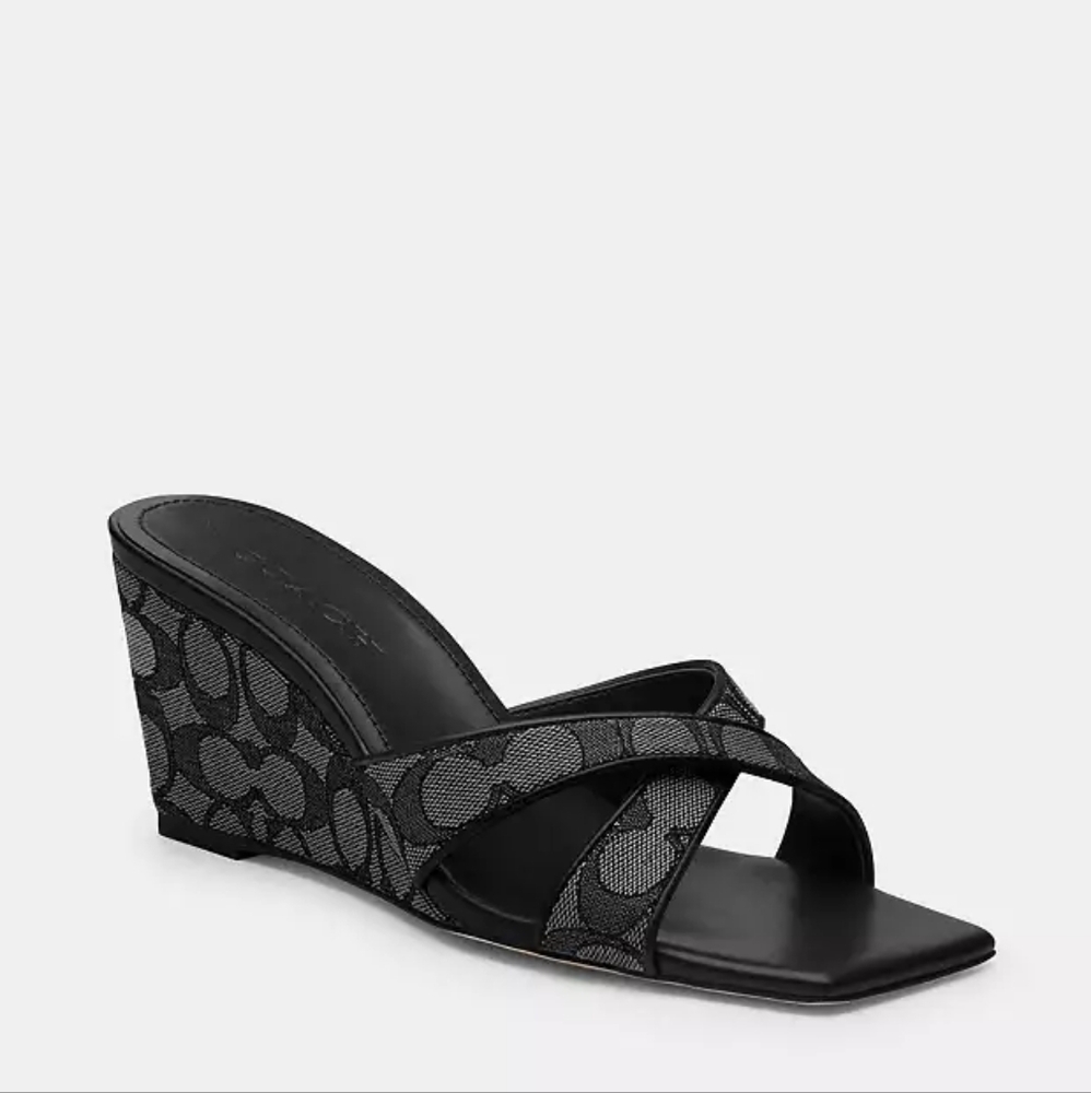 New! Coach Wedge Sandals 🩴 In Signature Jacquard CAQ95 In Smoke Coal/Black 6.5 - Picture 2 of 7